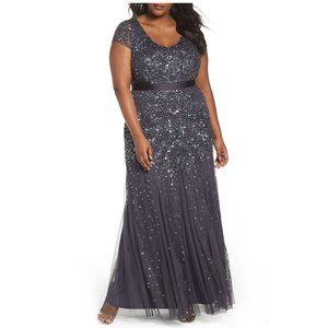 Adrianna Papell gown 14W in gunmetal gray, v-neck, cap sleeves beaded